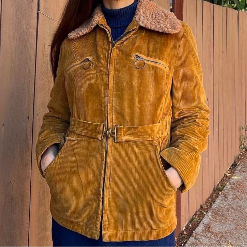 VTG Campus Tan Belted Corduroy Coat Retro Hoop Ring Pockets Shearling Collar XL